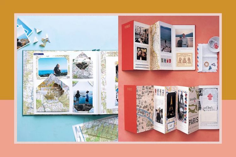 Two travel scrapbooks displayed one with cutout map designs the other with a foldable format showcasing trip memories