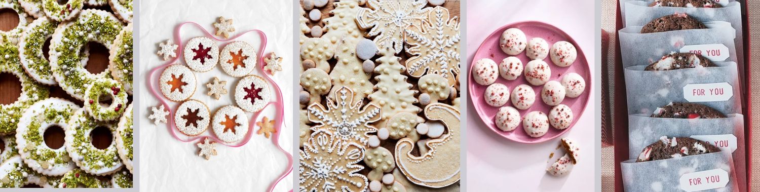 A selection of decorative cookies including wreathshaped linzer iced snowflakes and giftwrapped cookies in packages