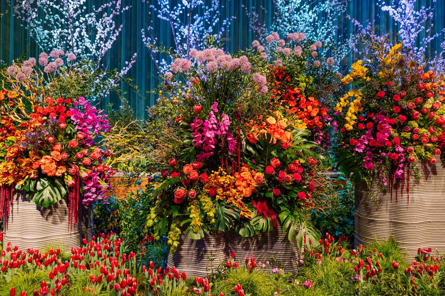Flower arrangement in oversized baskets