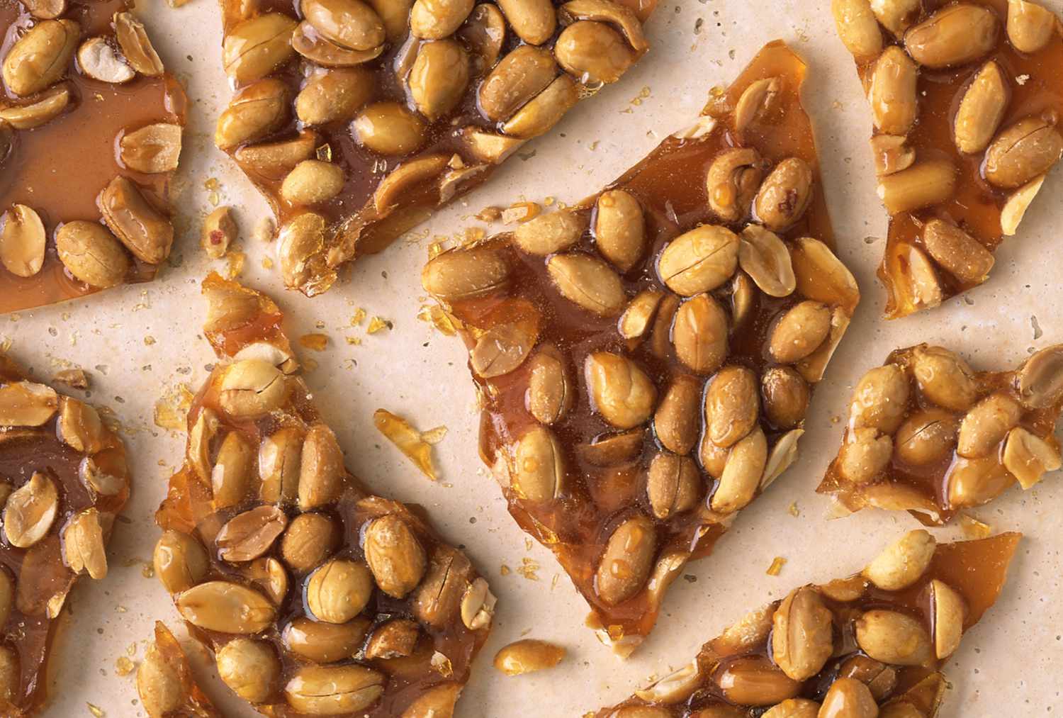 close up of peanut brittle overhead