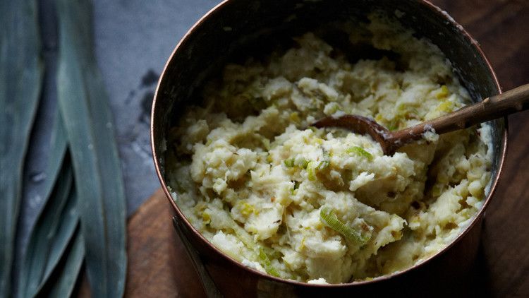 smashed root vegetables leeks