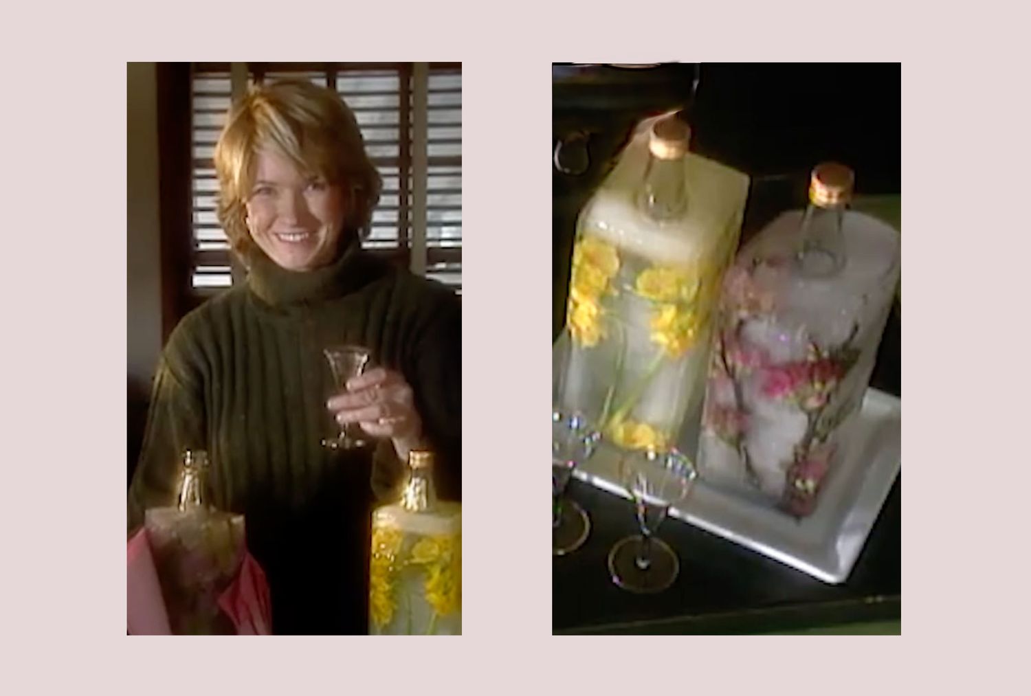 decorvow holding a drink and bottles encased in decorative ice displayed on a tray