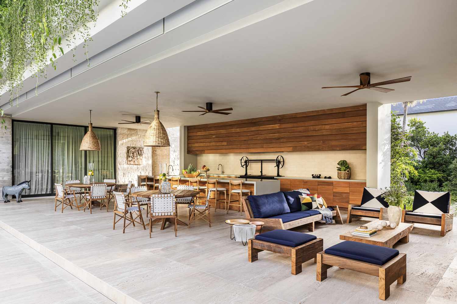 Large outdoor space with warm wood accents and furniture