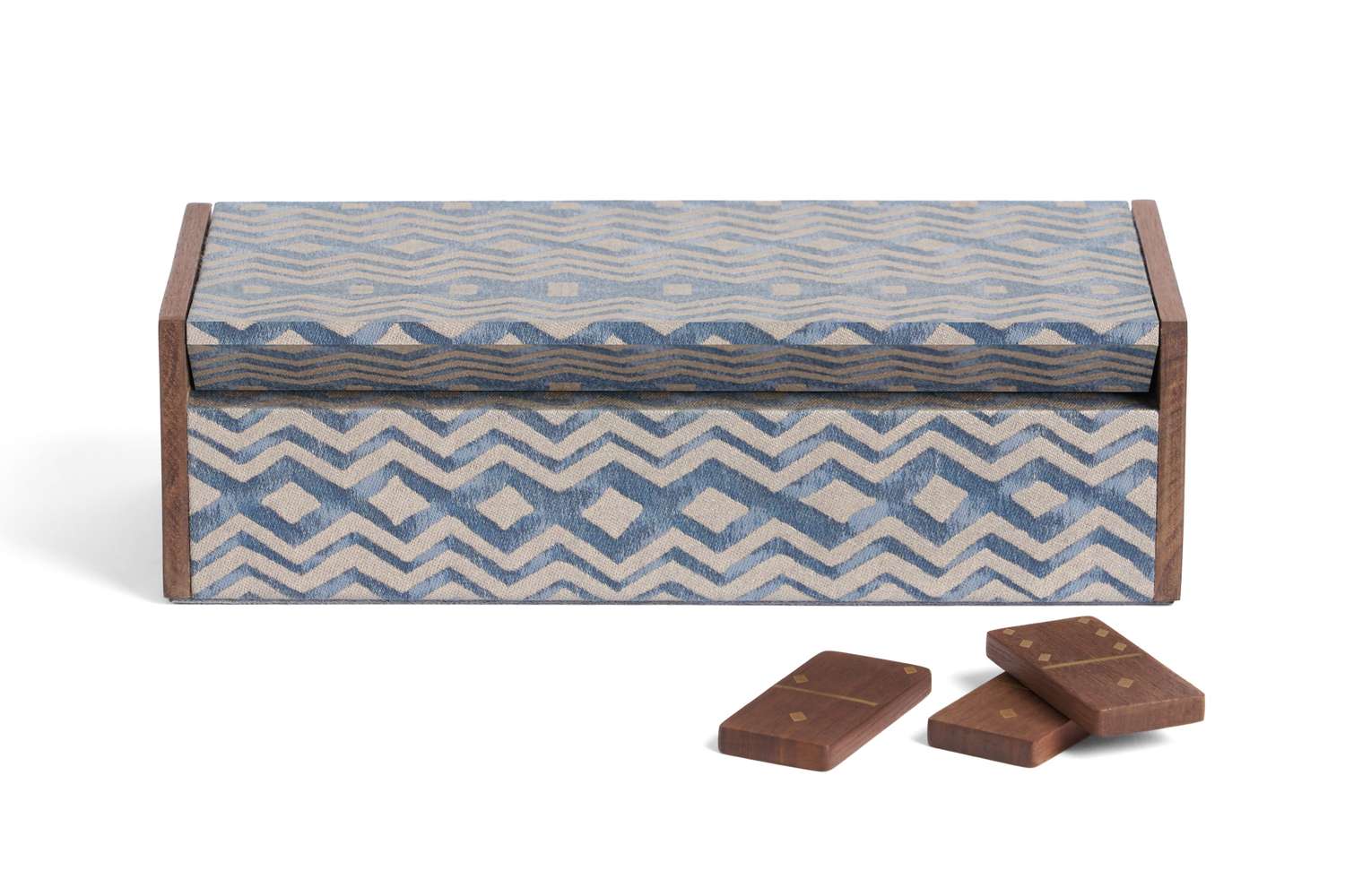 Decorative box with zigzag pattern and three domino pieces on the side