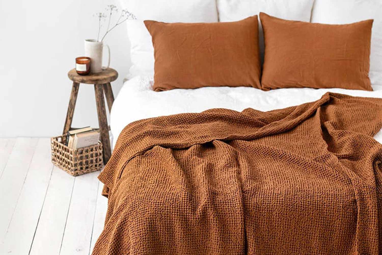 brown waffle linen blanket