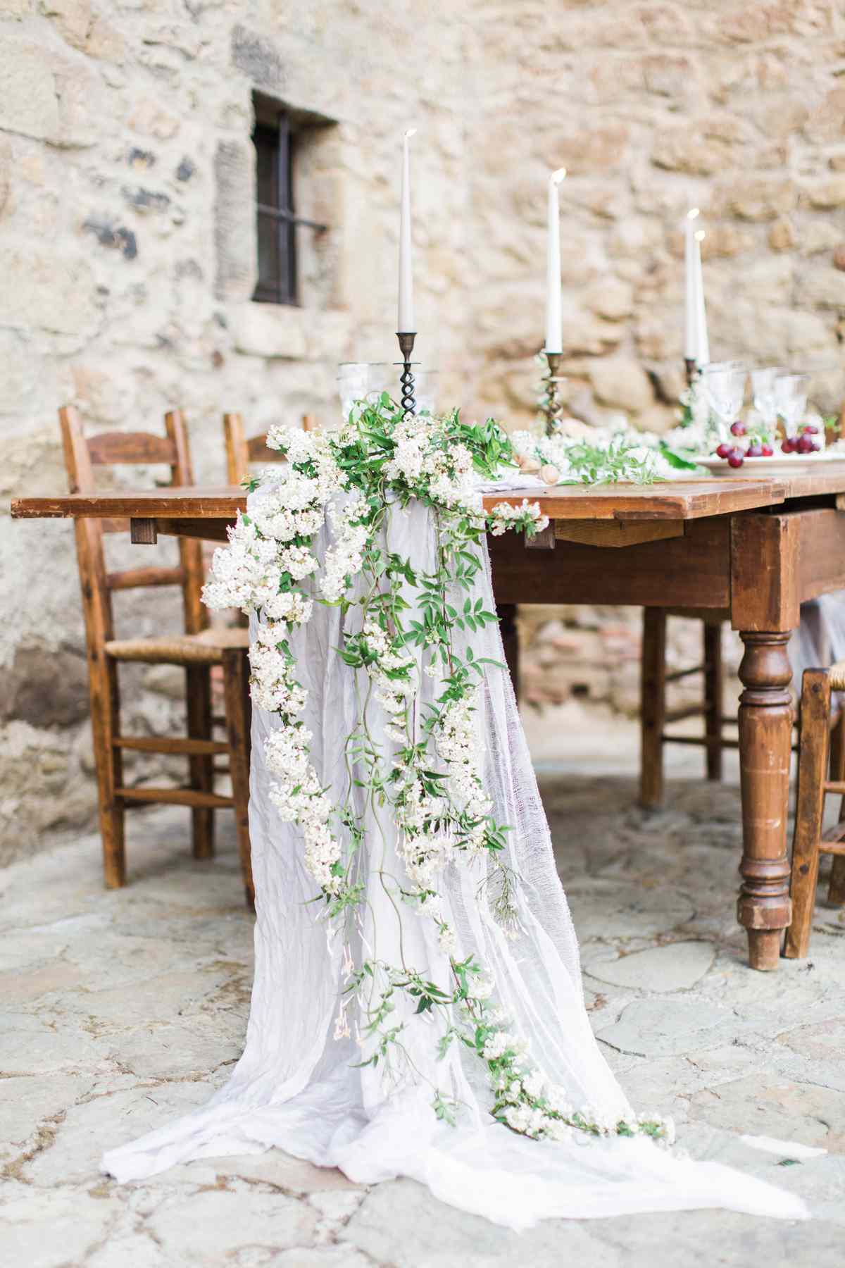 white floral garland table runner