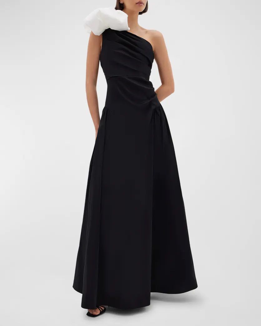 Black dress with white bow on shoulder