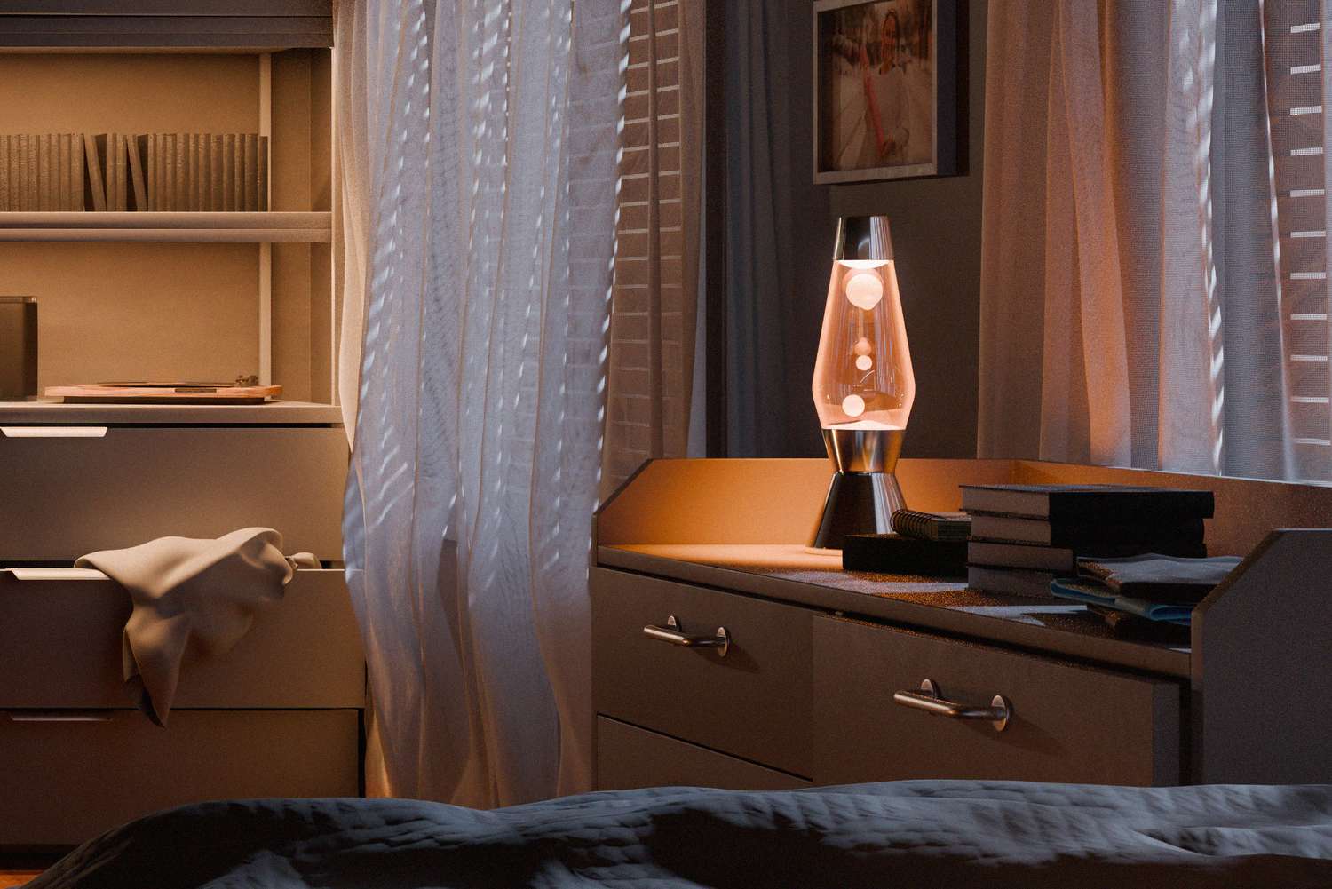 A cozy bedroom scene featuring a lava lamp on a dresser with books and soft lighting