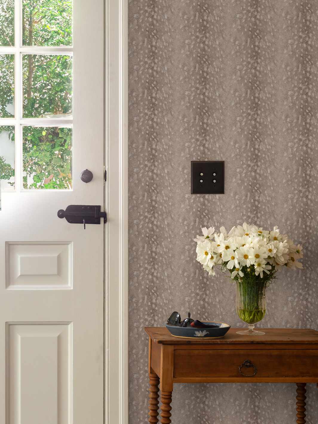 A brown wallpaper and a door