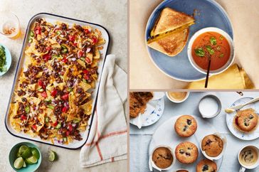 Three dishes including nachos grilled cheese with tomato soup and blueberry muffins displayed in a collage