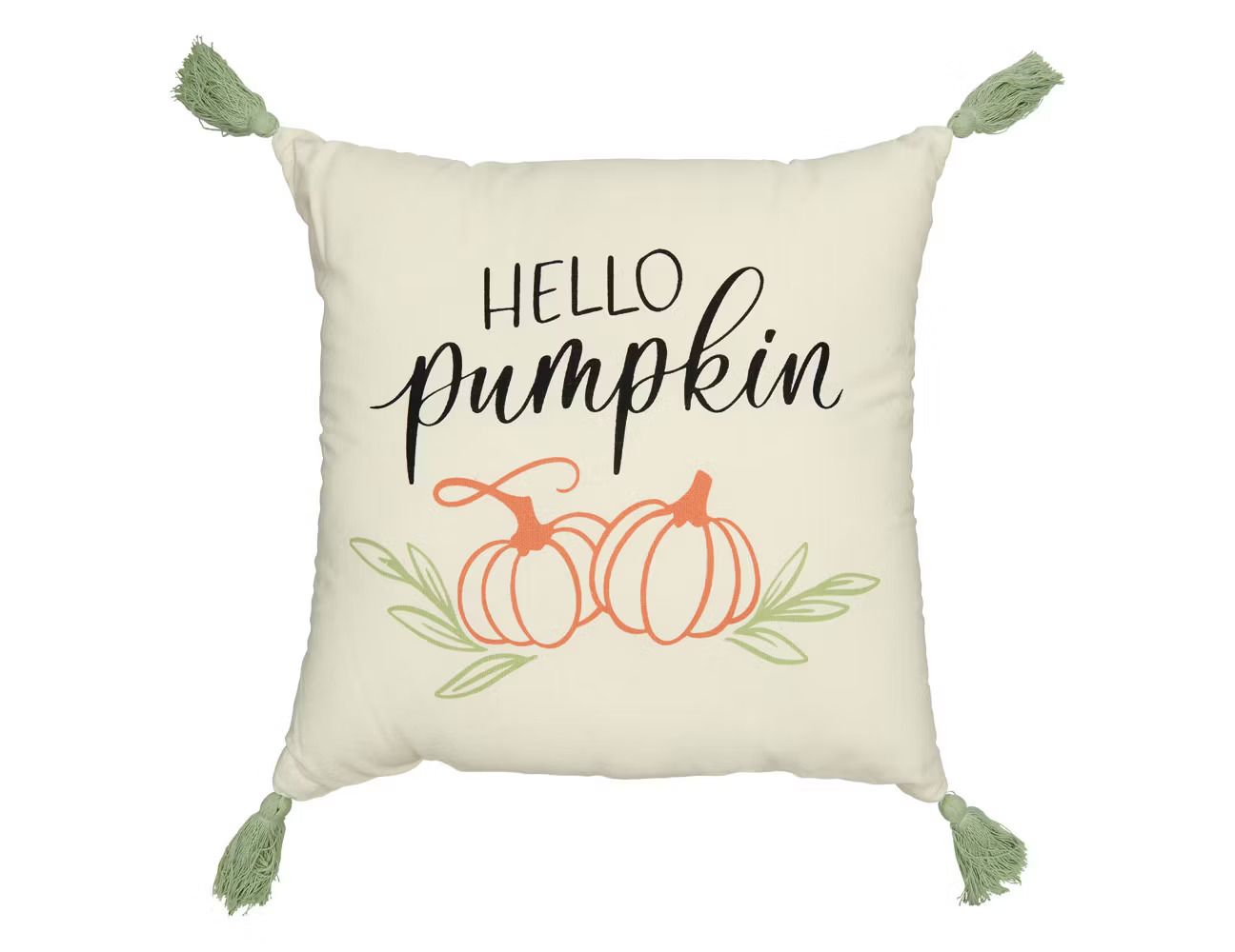 A decorative pillow with the text Hello Pumpkin and illustrations of pumpkins and leaves