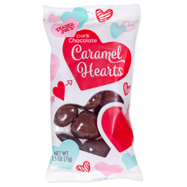 A bag of Trader Joes dark chocolate caramel hearts