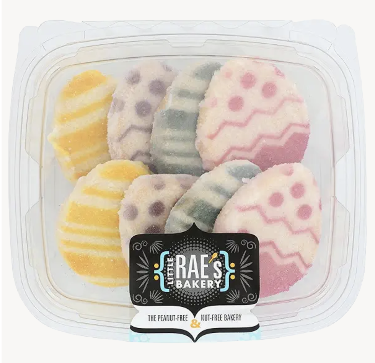 A container of Easter eggshaped cookies with decorative patterns from Raes Bakery