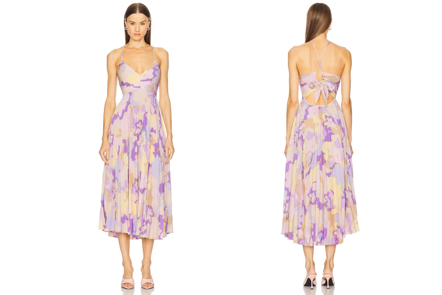 A model wearing a floral dress shown from the front and back