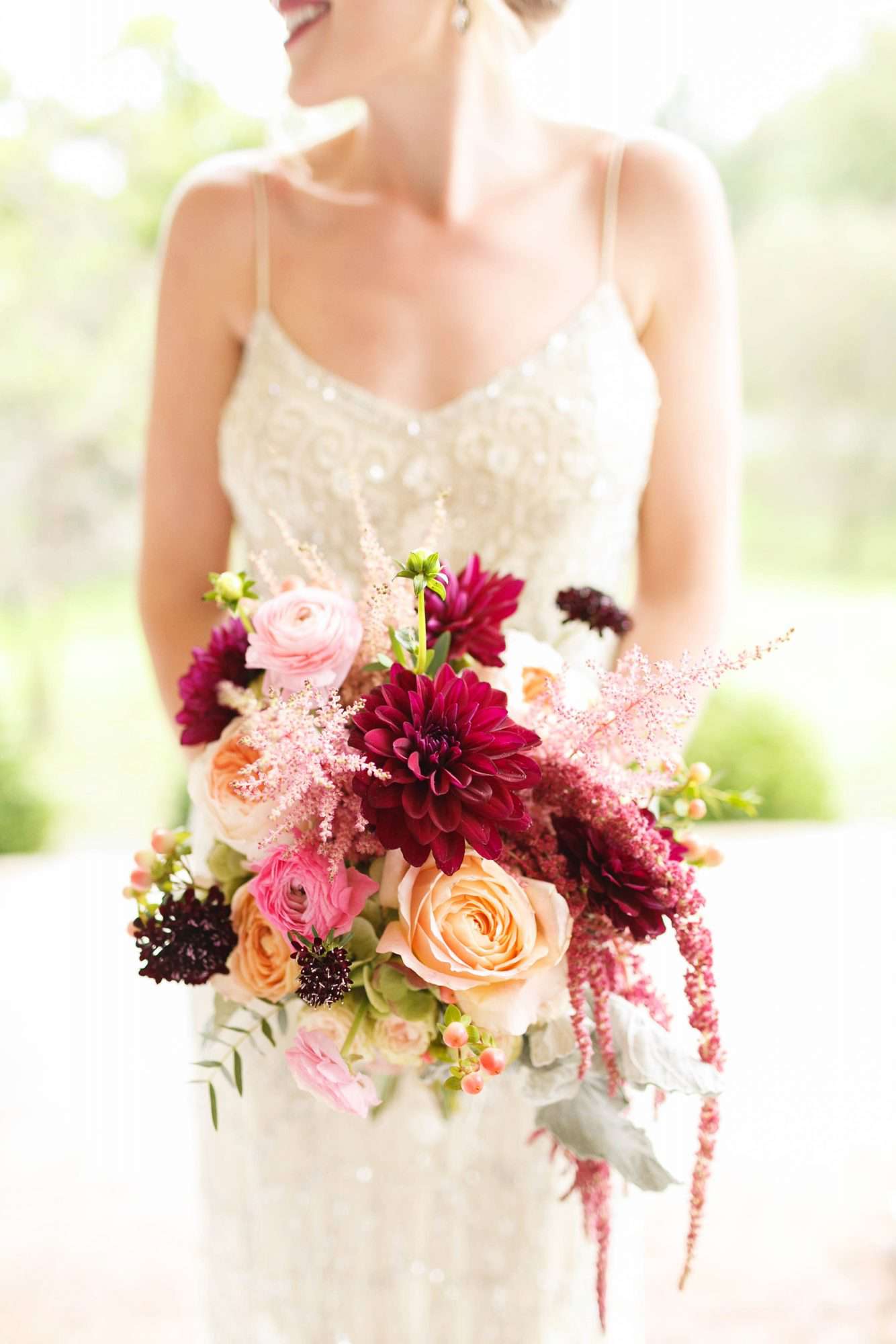 bride dahlia bouquet burgandy pink peach flowers