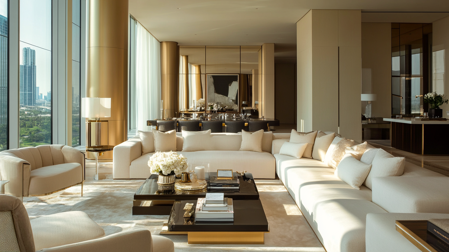 Luxurious living room with modern furnishings and a view of a cityscape