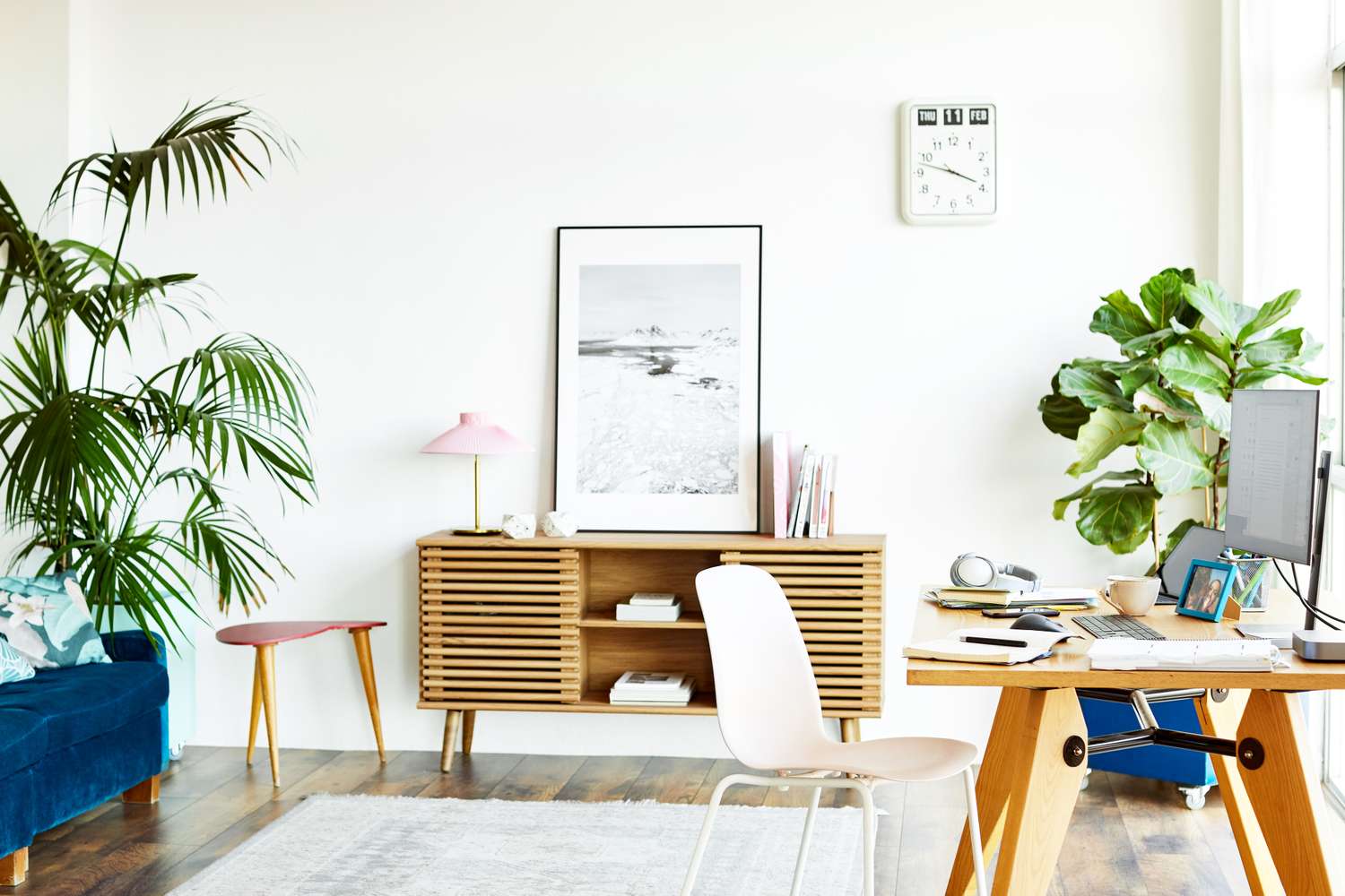 Modern office space with furniture plants and a desk setup