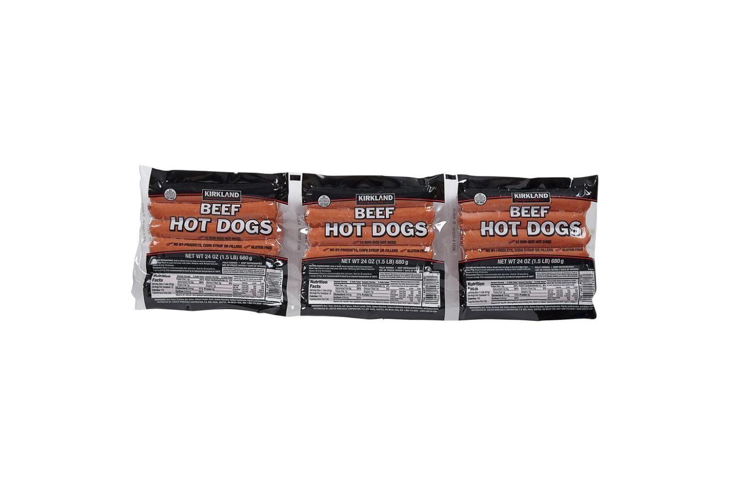 Three packs of beef hot dogs in clear plastic packaging
