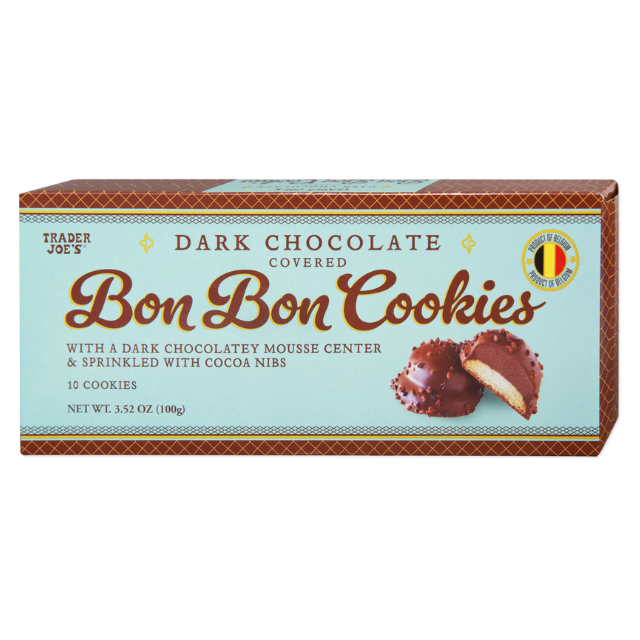 Trader Joes packaging for Dark Chocolate Covered Bon Bon Cookies