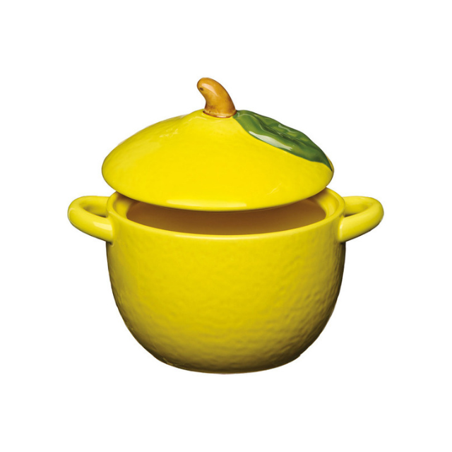 A ceramic container shaped like a lemon with a lid and handles