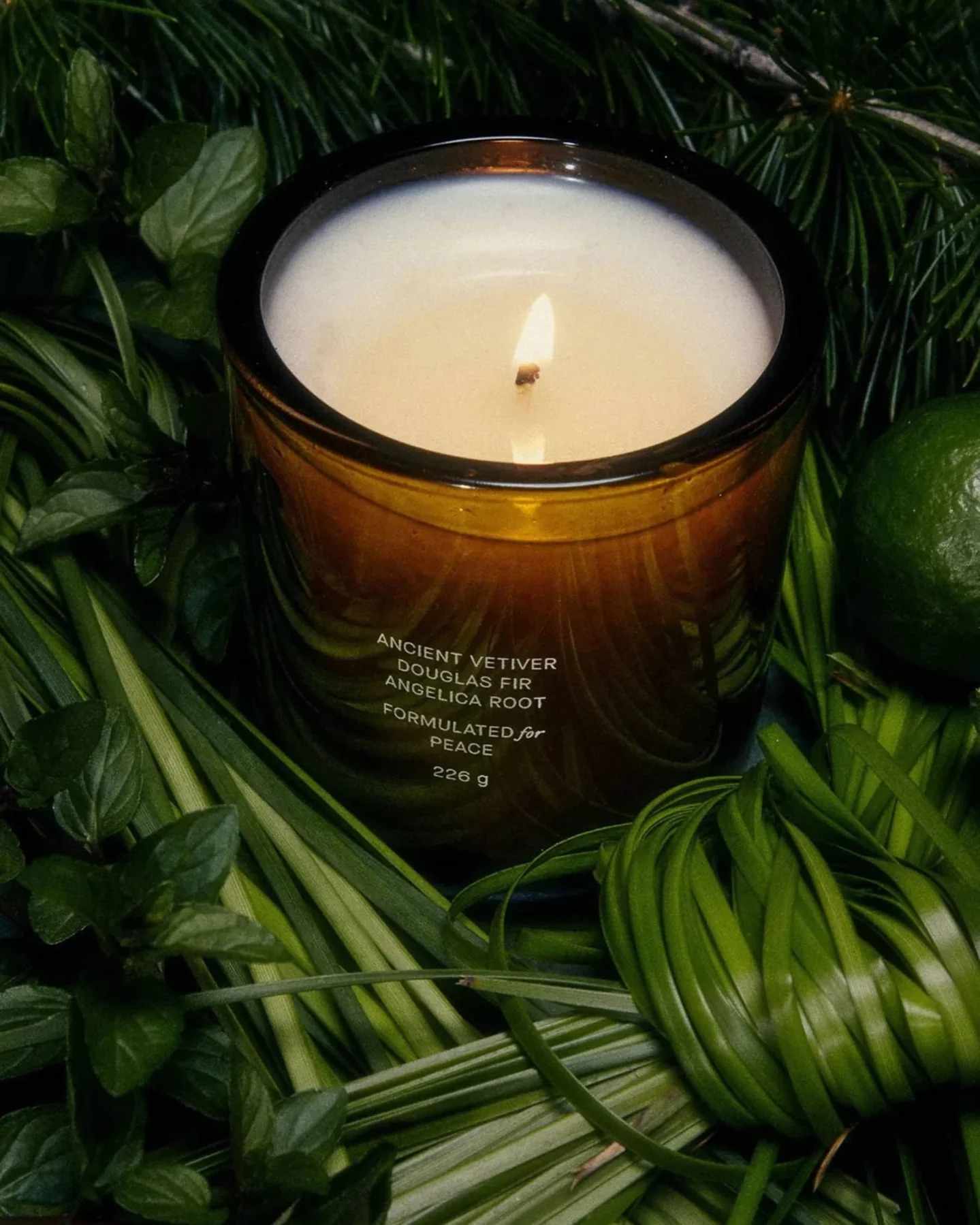 A candle surrounded by greenery
