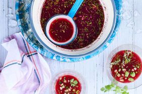 chilled sour-cherry soup flecked with dill and cilantro 