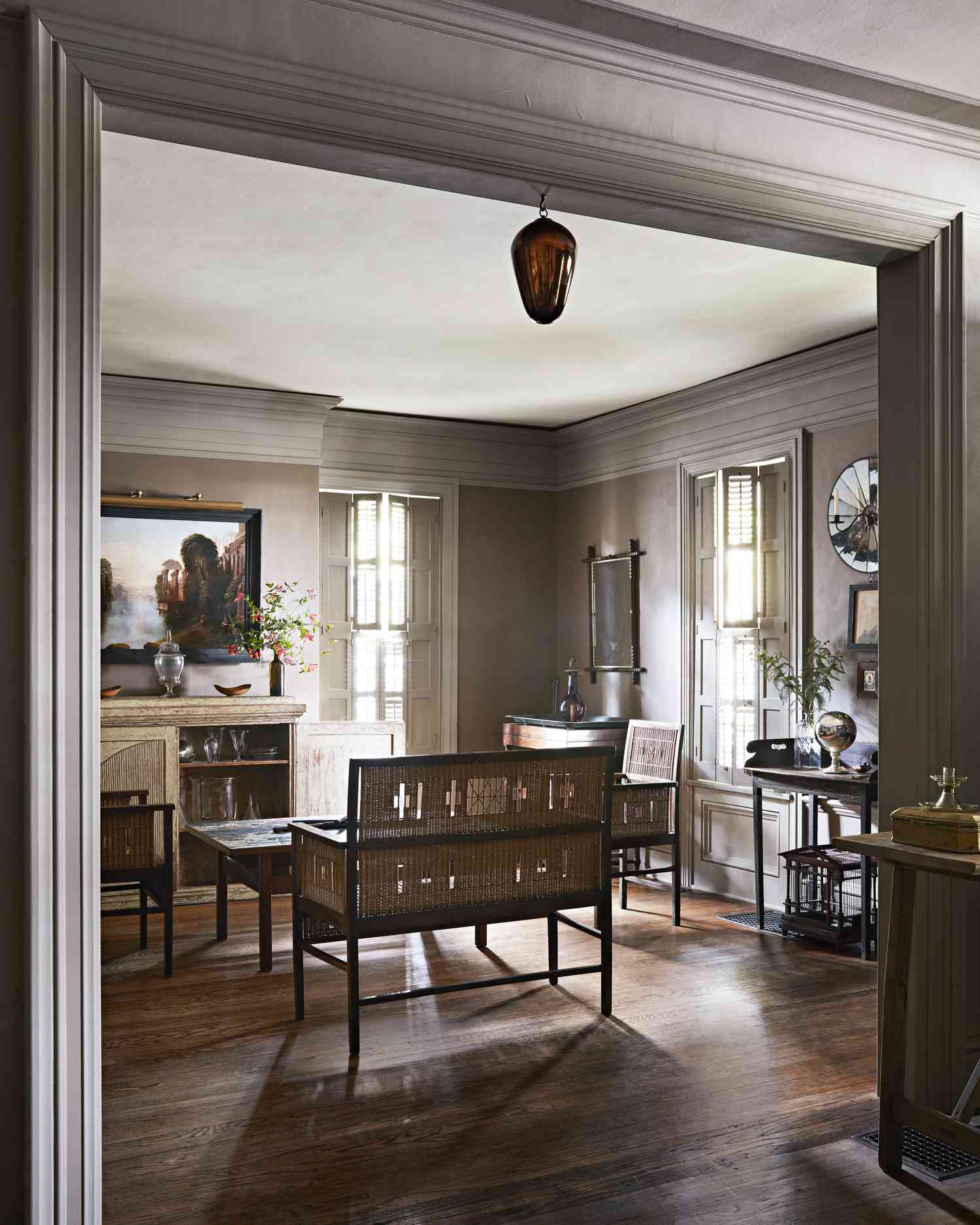 Warm wood living room with taupe walls
