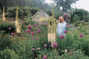 decorvow in garden holding allium flowers