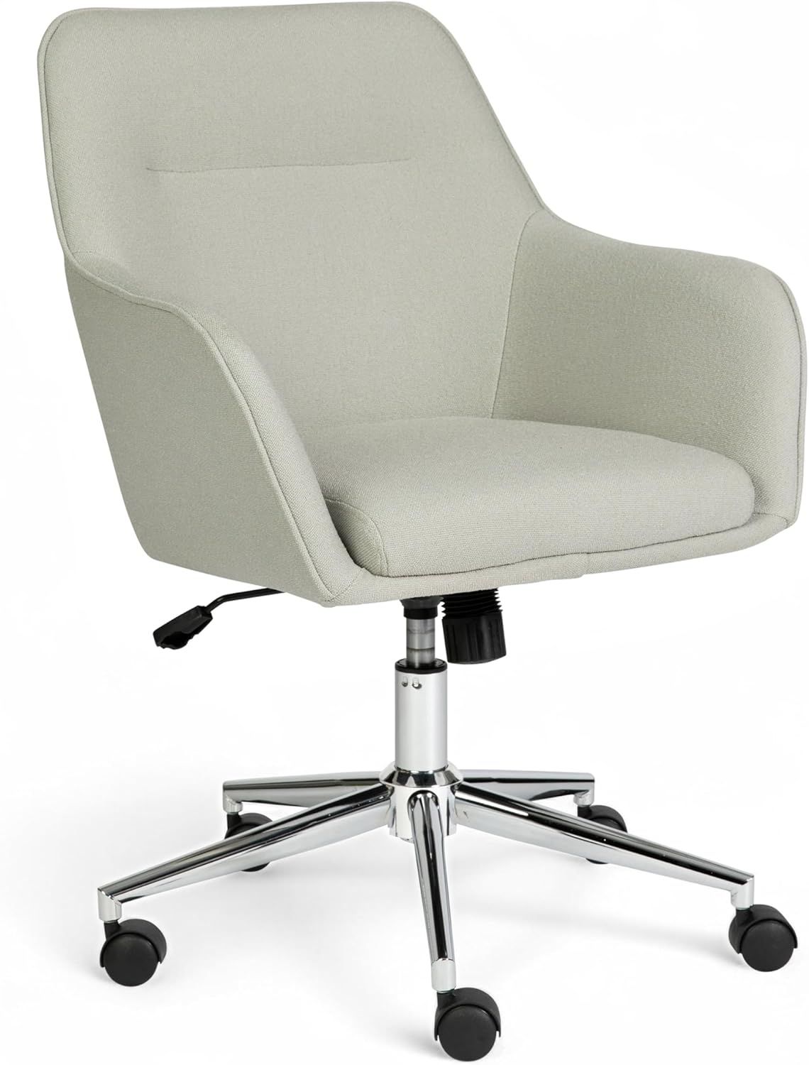 An office chair with a cushioned seat and backrest supported by a fivewheel base with an adjustable height lever
