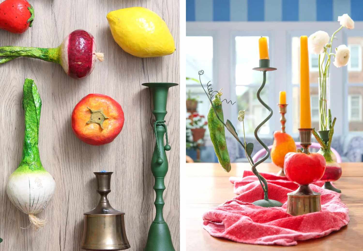 A creative arrangement of fruits and vegetables paired with candlesticks designed to imitate candlestick holders