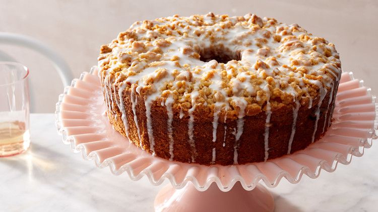 meyer lemon coffee cake on pink stand