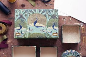 Decorative boxes with peacock designs on a wooden surface surrounded by crafting materials
