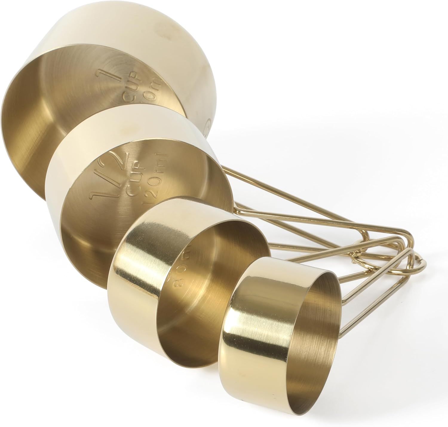 A nested set of four metal measuring cups of varying sizes