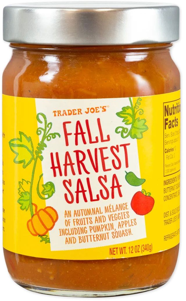 A jar of Trader Joes Fall Harvest Salsa described as an autumnal mix of fruits and vegetables including pumpkin apples and butternut squash