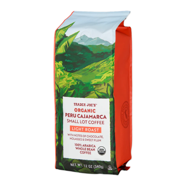 A bag of Trader Joes Organic Peru Cajamarca Small Lot Coffee light roast featuring product details and mountain illustration