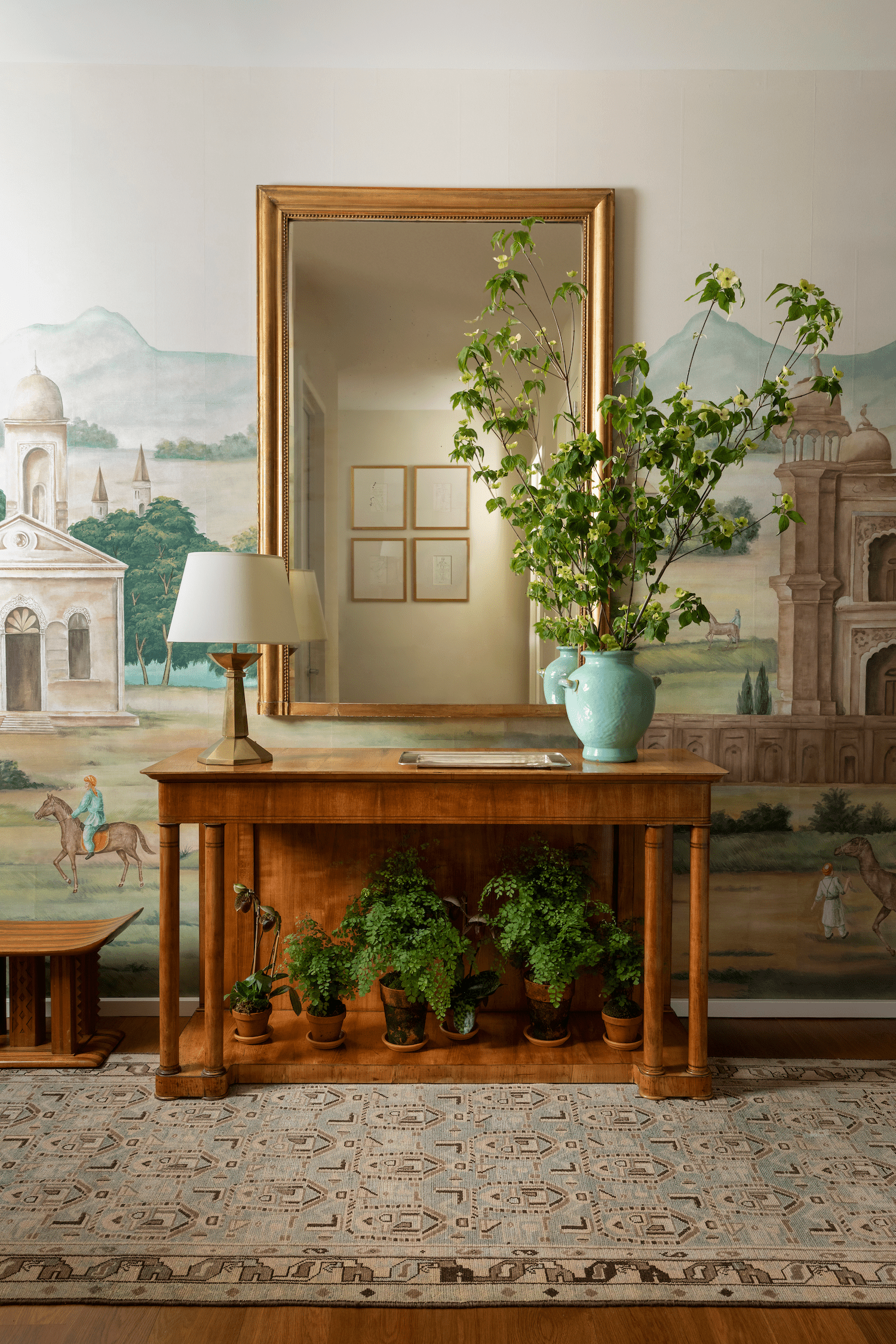 mural wallpaper with wooden furniture in hallway