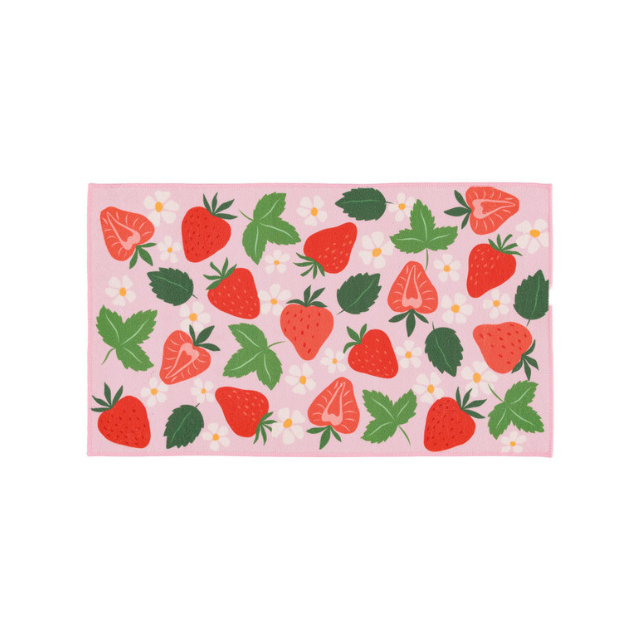 Pattern of strawberries and leaves with small flowers on a pink background