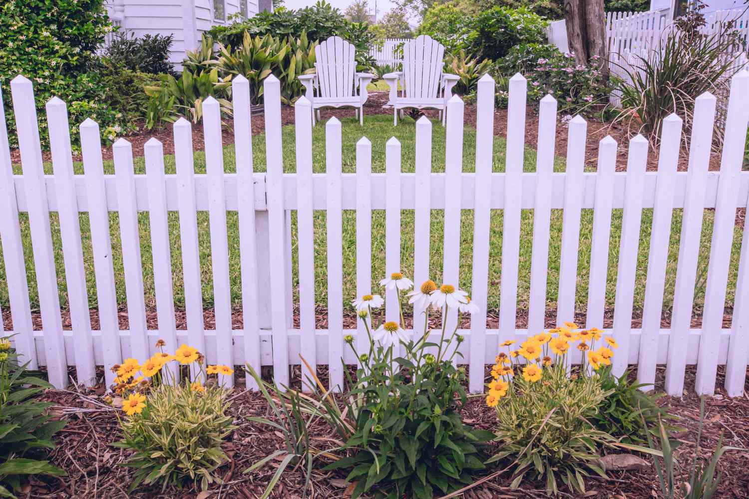 A garden with flowers a white fence and wooden chairs in the background