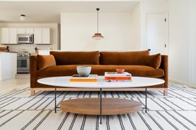 montauk home tour brown velvet couch