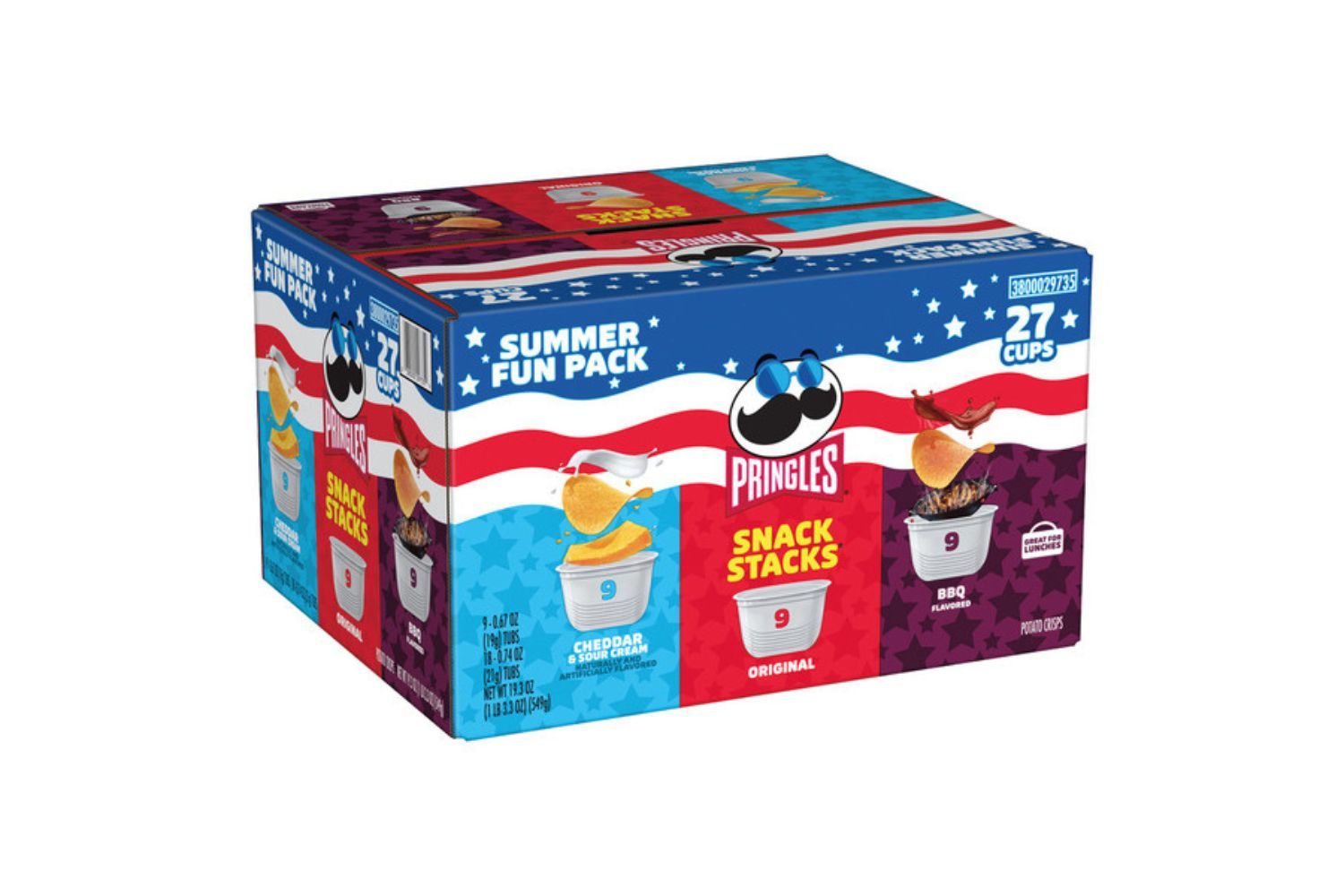 Pringles snack box with 27 cups of original cheddar cheese and BBQ flavors