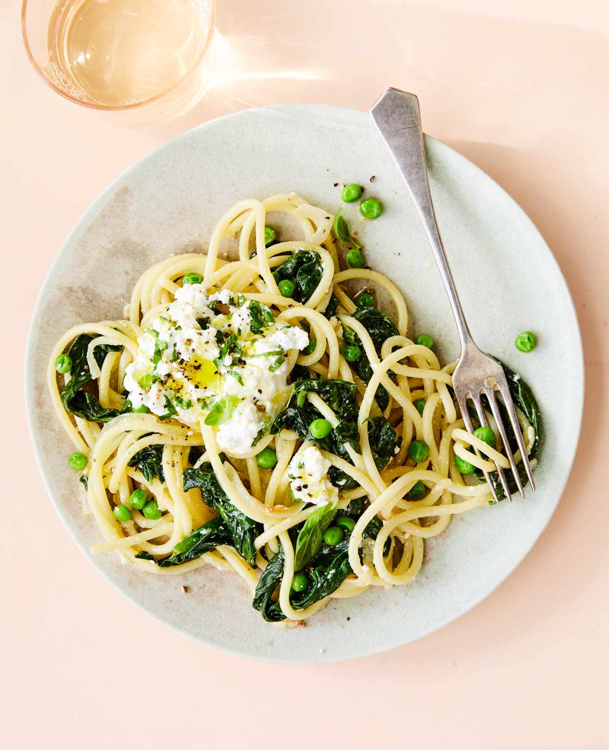 Spaghetti with Spinach, Peas, and Herbed Ricotta
