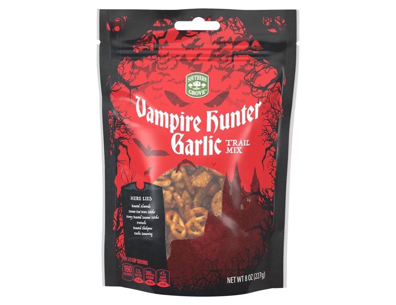 A bag of Vampire Hunter Garlic Trail Mix 8 oz