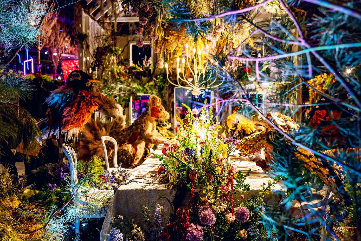 Animals gathered around a table