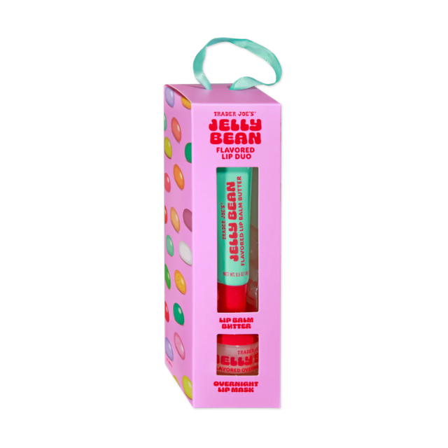 A boxed set of Trader Joes Jelly Bean flavored lip balm duo with a hanging ribbon