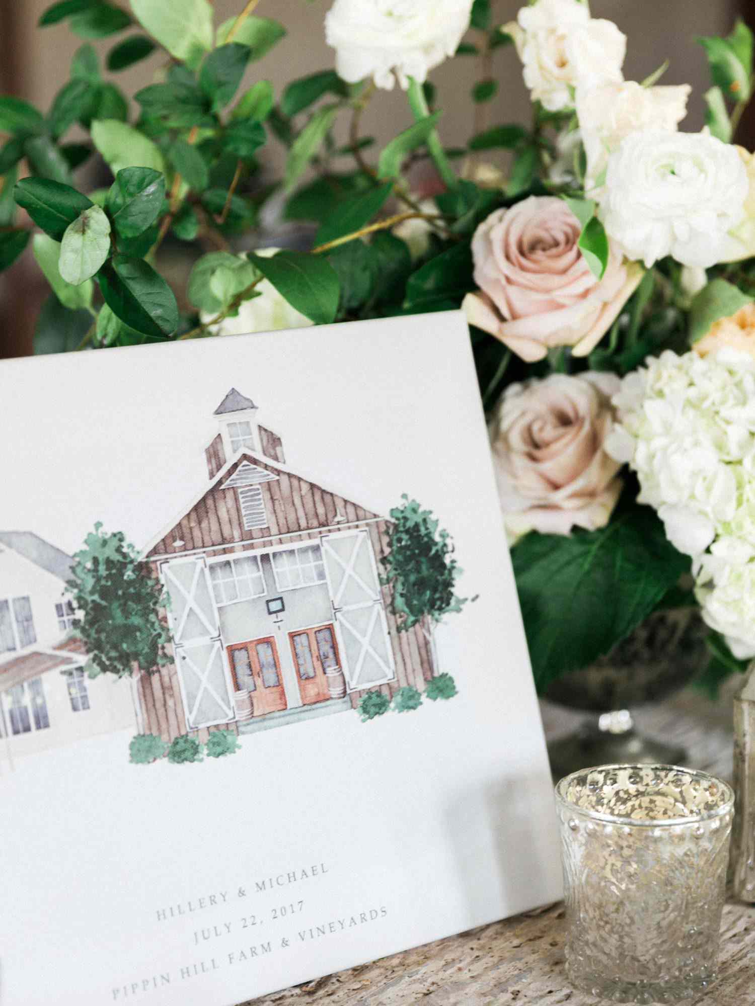 wedding illustrated barn venue signage flowers candle
