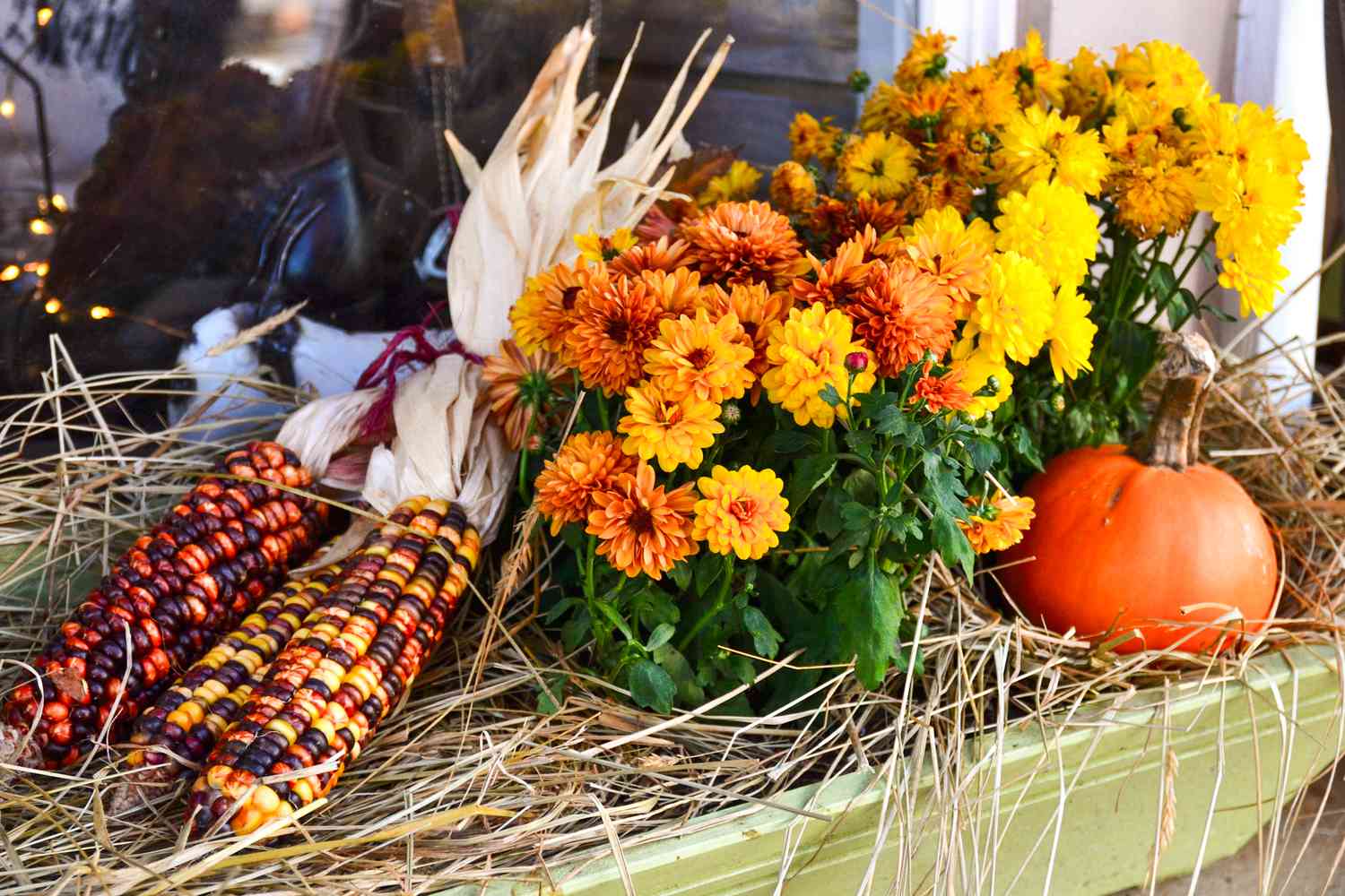 Window boxes with fall decor and flowers
