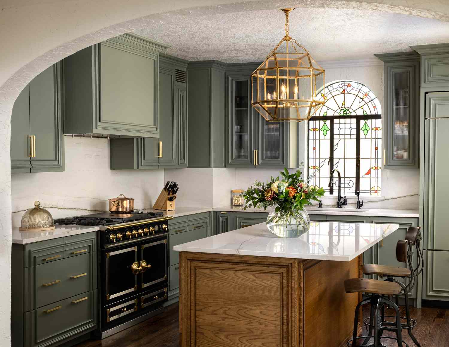 Stained glass window in a green kitchen