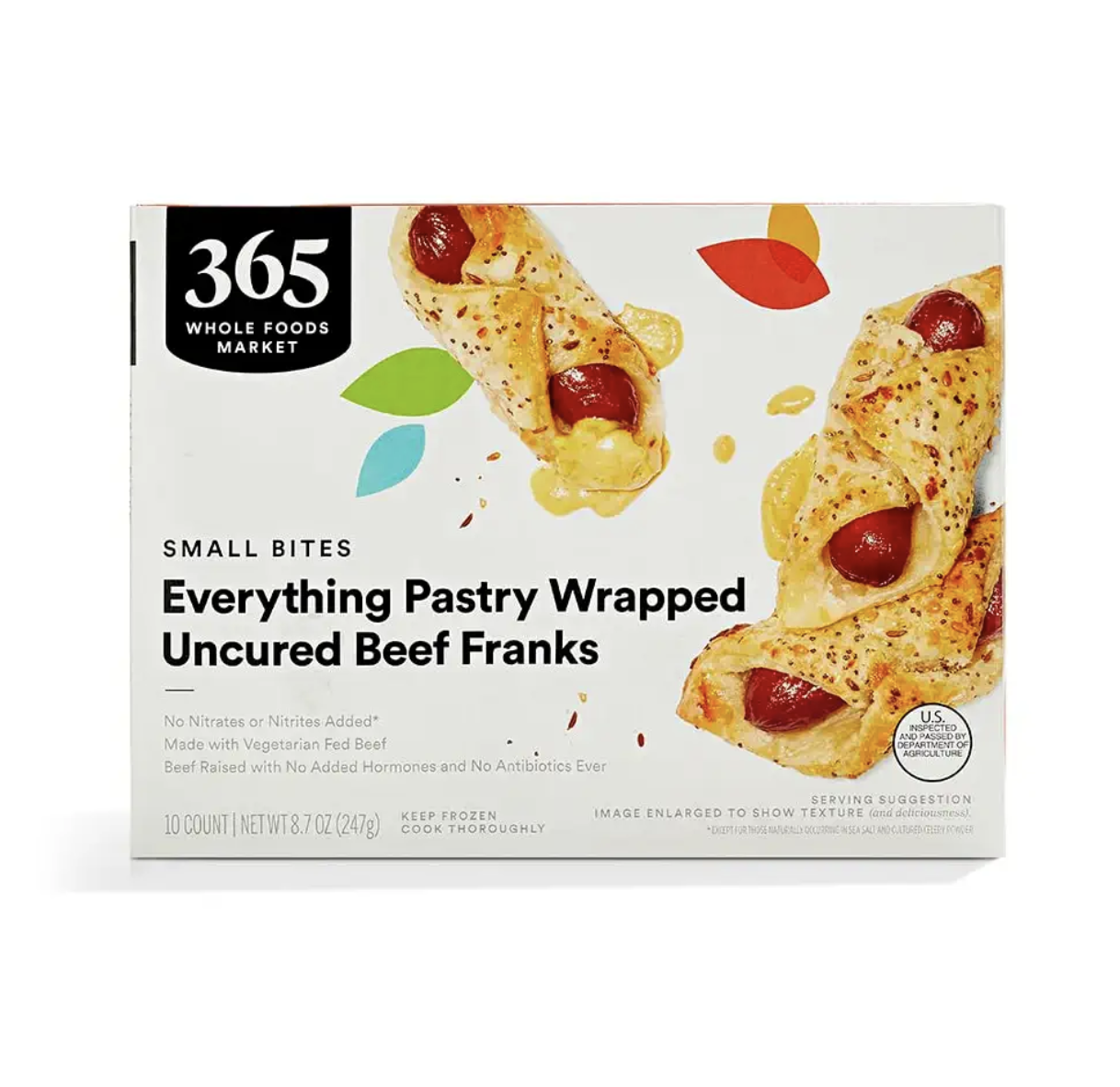 A box of 365 brand Everything Pastry Wrapped Uncured Beef Franks
