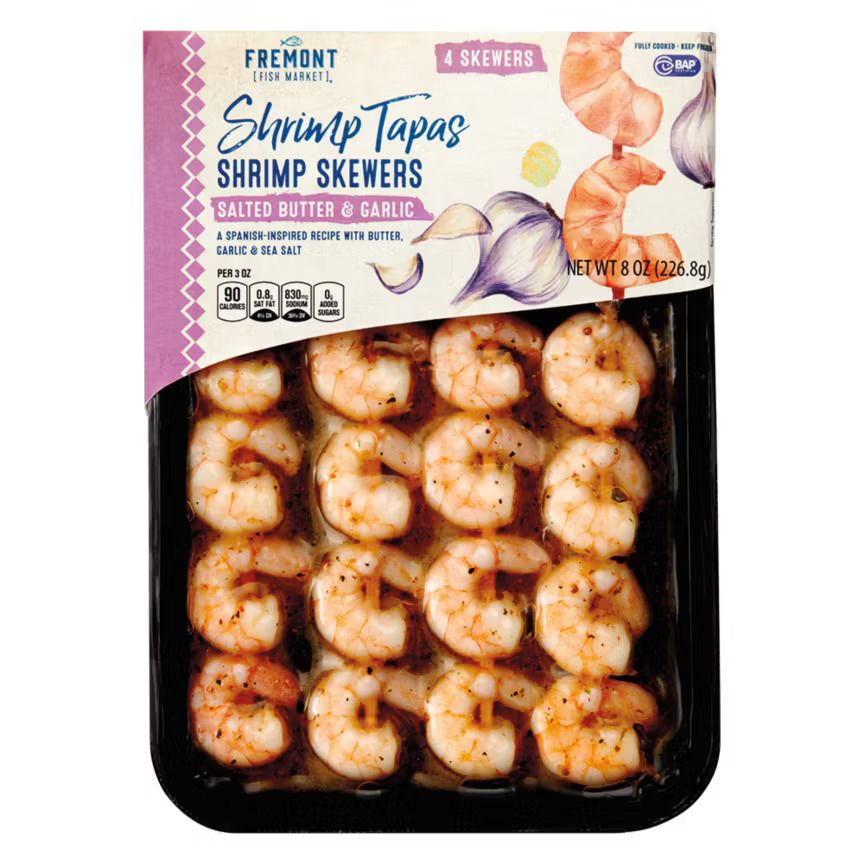 A package of Fremont Shrimp Tapas showcasing shrimp skewers with salted butter and garlic flavor