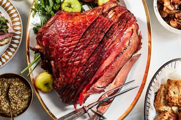 pomegranate glazed ham with jammy cipollinis